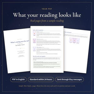 May include: Three white pages of a digital PDF tarot reading report displayed against a dark blue starry background. The pages feature black text, headings, and small card illustrations, detailing a personalized reading for Emily Carter.