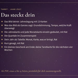 May include: A dark purple digital document titled TAROT JAHR 2027 with white text listing contents of a 13-card annual reading. It details sections including monthly card interpretations, quarterly summaries, a summary table, and a four-week forecast.