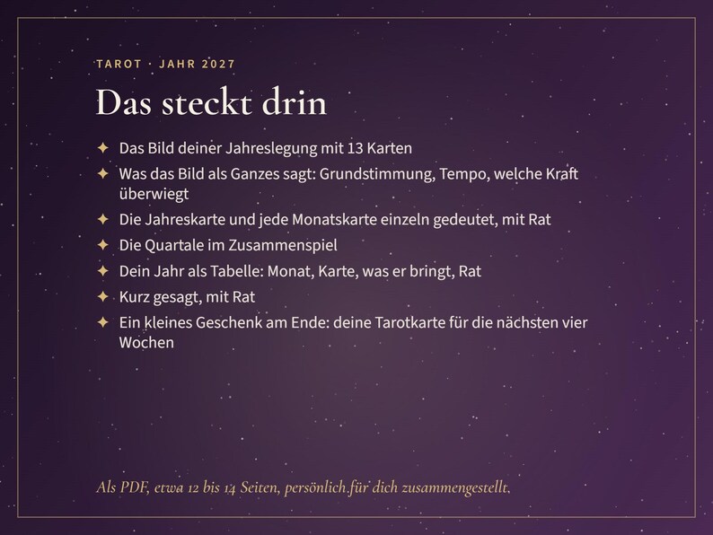 May include: A dark purple digital document titled TAROT JAHR 2027 with white text listing contents of a 13-card annual reading. It details sections including monthly card interpretations, quarterly summaries, a summary table, and a four-week forecast.