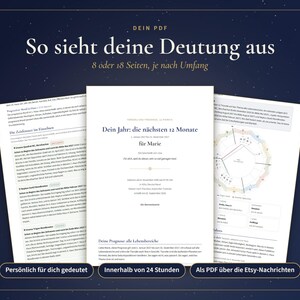 May include: A digital document titled 'Dein Jahr: die n&auml;chsten 12 Monate' for Marie, presented as a PDF. The document includes astrological text, a circular chart, and headers in German. The layout features three overlapping pages against a dark blue background.