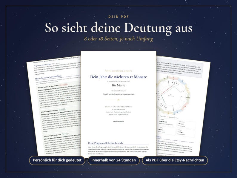 May include: A digital document titled 'Dein Jahr: die n&auml;chsten 12 Monate' for Marie, presented as a PDF. The document includes astrological text, a circular chart, and headers in German. The layout features three overlapping pages against a dark blue background.