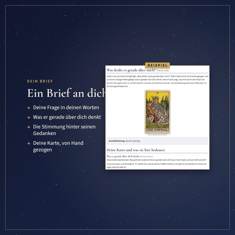 Pu&ograve; includere: Una scheda informativa digitale intitolata Ein Brief an dich con un'illustrazione della carta dei tarocchi L'Imperatrice. Il testo include sezioni etichettate come BEISPIEL, Was denkt er gerade &uuml;ber mich e Deine Karte und was sie hier bedeutet.