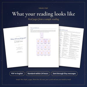May include: A digital PDF document featuring a tarot reading sample. The pages display a cover titled What will 2027 bring me?, a layout of thirteen tarot cards, and a detailed month-by-month breakdown of the reading results in English text.
