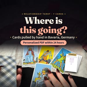 Könnte beinhalten: Ein Tarot-Kartenlesedienst mit dem Text Relationship Tarot, 7 Cards, Where is this going?, Cards pulled by hand in Bavaria, Germany, und Personalized PDF within 24 hours. Vier Tarotkarten sind sichtbar, darunter der König der Schwerter.