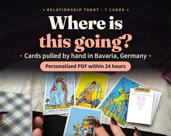 Puede incluir: Un servicio de lectura de cartas del tarot con el texto Relationship Tarot, 7 Cards, Where is this going?, Cards pulled by hand in Bavaria, Germany, y Personalized PDF within 24 hours. Cuatro cartas del tarot son visibles, incluido el Rey de Espadas.