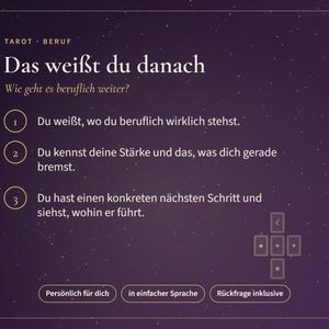 May include: A dark purple graphic with white text titled Tarot Beruf Das wei&szlig;t du danach. It lists three numbered points about career guidance and includes a small diagram of five tarot cards with star and moon symbols at the bottom right.
