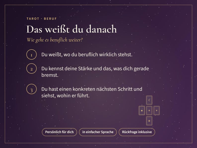 May include: A dark purple graphic with white text titled Tarot Beruf Das wei&szlig;t du danach. It lists three numbered points about career guidance and includes a small diagram of five tarot cards with star and moon symbols at the bottom right.
