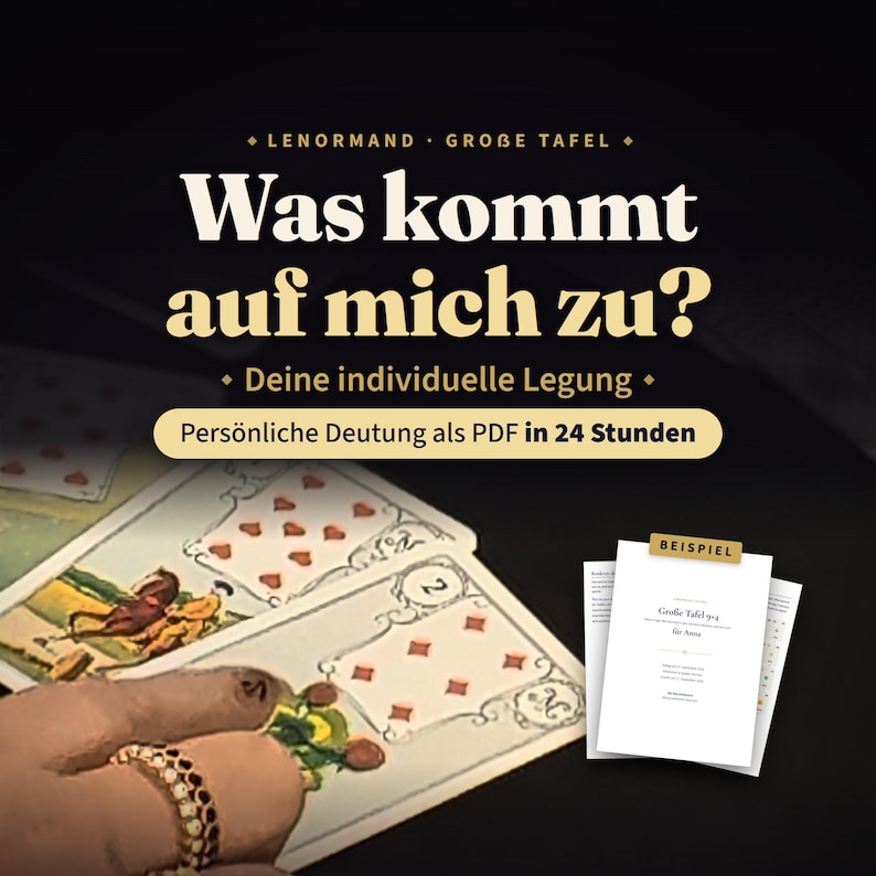 Puede incluir: Un servicio de lectura de cartas Lenormand Grobe Tafel con el texto Was kommt auf mich zu? Deine individuelle Legung. Persoenliche Deutung als PDF in 24 Stunden. La imagen muestra cartas de juego ilustradas y un documento PDF de muestra.