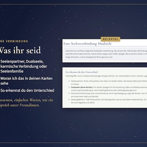 May include: A dark blue informational graphic with white text in German. The left side lists topics like Eure Verbindung and Was ihr seid. The right side features two white boxes containing text about soul connections, labeled Beispiel and So erkennst du den Unterschied.
