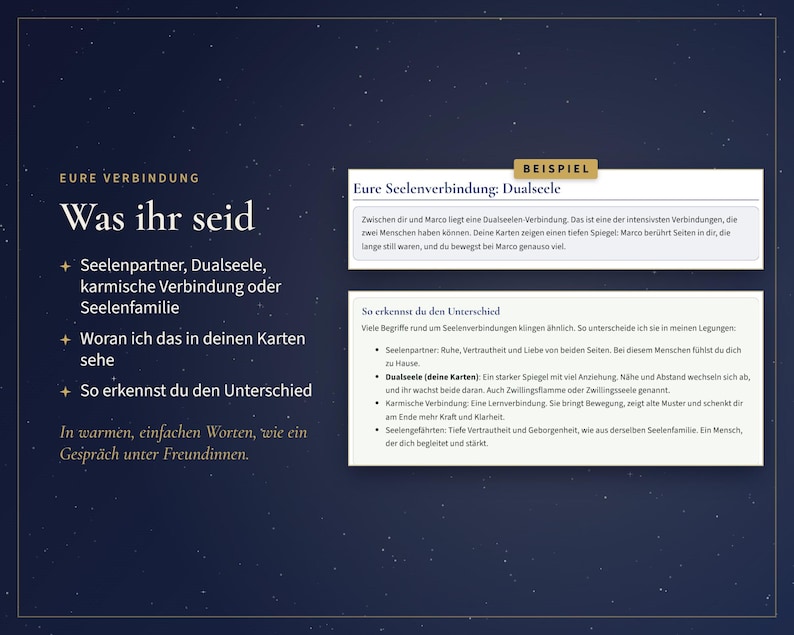 May include: A dark blue informational graphic with white text in German. The left side lists topics like Eure Verbindung and Was ihr seid. The right side features two white boxes containing text about soul connections, labeled Beispiel and So erkennst du den Unterschied.