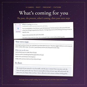 May include: A dark purple graphic featuring white text titled What's coming for you, with two white rectangular inserts displaying tarot reading content. The top insert shows the Nine of Cups card, while the bottom insert outlines next steps.