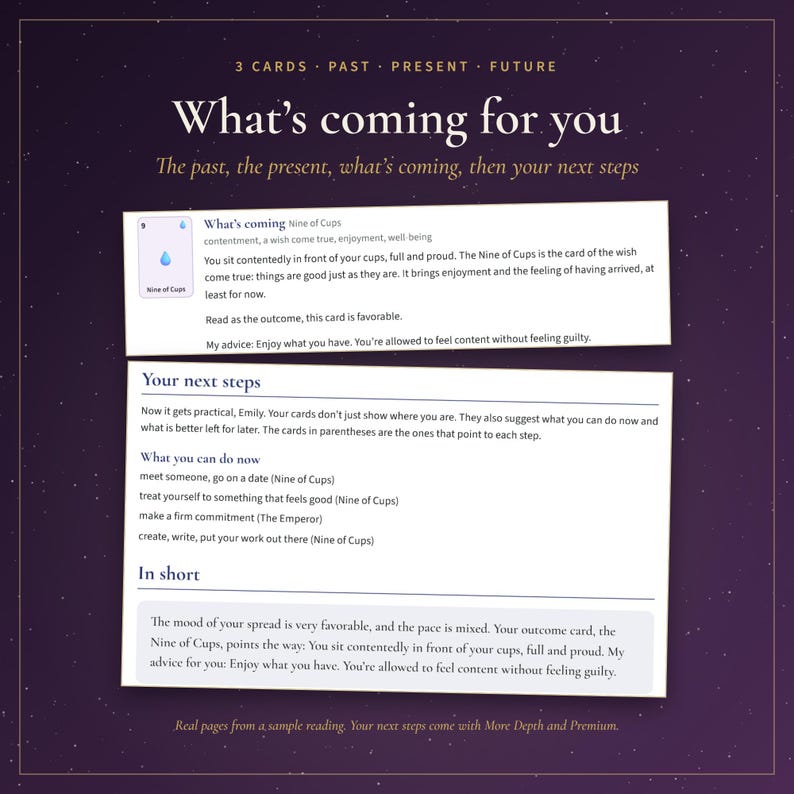 May include: A dark purple graphic featuring white text titled What's coming for you, with two white rectangular inserts displaying tarot reading content. The top insert shows the Nine of Cups card, while the bottom insert outlines next steps.