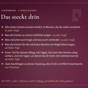 K&ouml;nnte beinhalten: Eine dunkelviolette Infografik mit wei&szlig;em Text mit dem Titel Lenormand Liebeslegung Das steckt drin. Sie listet sechs Aufz&auml;hlungspunkte zu einem Kartenlegeservice auf, darunter Erkl&auml;rungen zu sieben Karten, Gef&uuml;hlen, Verbindungen, Zukunftsm&ouml;glichkeiten und t&auml;glicher Orientierung.