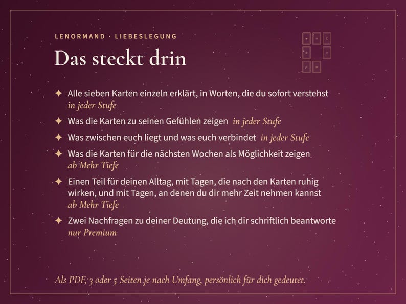 K&ouml;nnte beinhalten: Eine dunkelviolette Infografik mit wei&szlig;em Text mit dem Titel Lenormand Liebeslegung Das steckt drin. Sie listet sechs Aufz&auml;hlungspunkte zu einem Kartenlegeservice auf, darunter Erkl&auml;rungen zu sieben Karten, Gef&uuml;hlen, Verbindungen, Zukunftsm&ouml;glichkeiten und t&auml;glicher Orientierung.