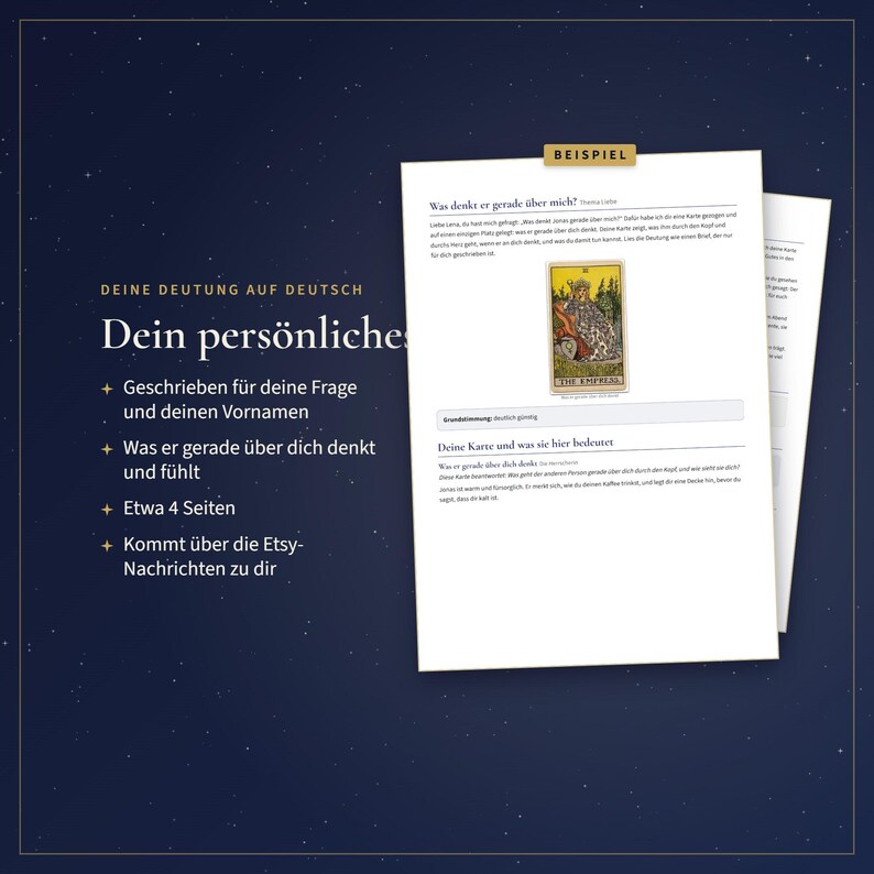 Pu&ograve; includere: Un documento digitale con le intestazioni BEISPIEL e DEINE DEUTUNG AUF DEUTSCH, che presenta un'illustrazione della carta dei tarocchi L'Imperatrice. Il testo include sezioni intitolate Was denkt er gerade &uuml;ber mich e Deine Karte und was sie hier bedeutet.
