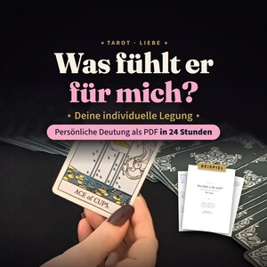 Può includere: Un servizio di lettura dei tarocchi con la carta dell'Asso di Coppe e un documento PDF di esempio. Il testo recita: TAROT LIEBE, Was fühlt er für mich?, Deine individuelle Legung, Persönliche Deutung als PDF in 24 Stunden, BEISPIEL.