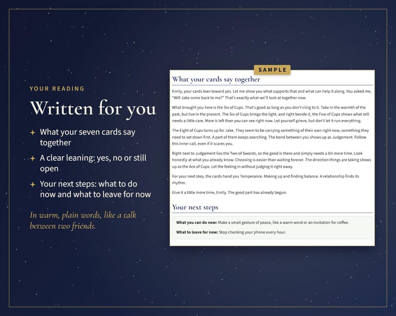 Pu&ograve; includere: Un documento digitale su sfondo blu scuro con un motivo a stelle. Il testo recita: Your reading, Written for you, What your seven cards say together, A clear leaning: yes, no or still open, Your next steps: what to do now and what to leave for now, In warm, plain words, like a talk between two friends. Un riquadro bianco contiene una lettura dei tarocchi di esempio intitolata What your cards say together e Your next steps.