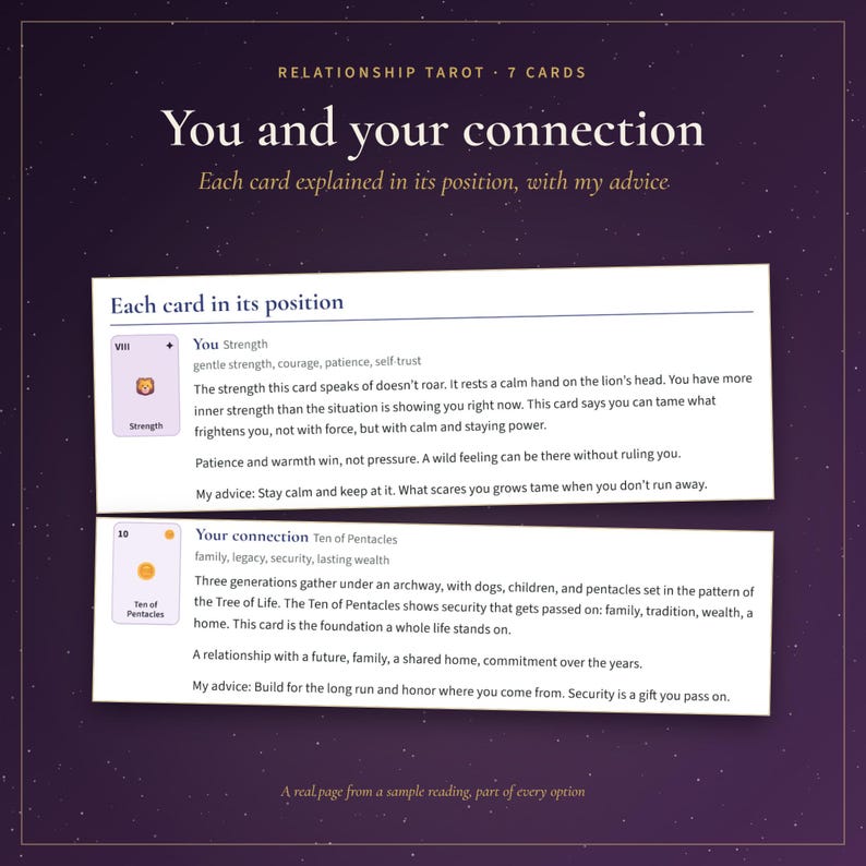 May include: A digital graphic titled Relationship Tarot 7 Cards, You and your connection. It displays two white cards with text: Strength, featuring a lion icon, and Ten of Pentacles, featuring a coin icon. Each card includes detailed interpretations and advice.