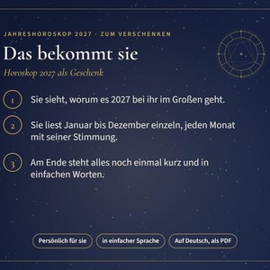 May include: A dark blue digital document titled Jahreshoroskop 2027 Zum Verschenken with a gold zodiac wheel icon. It lists three numbered points in German about a 2027 horoscope gift, including monthly forecasts and a summary, with buttons at the bottom.