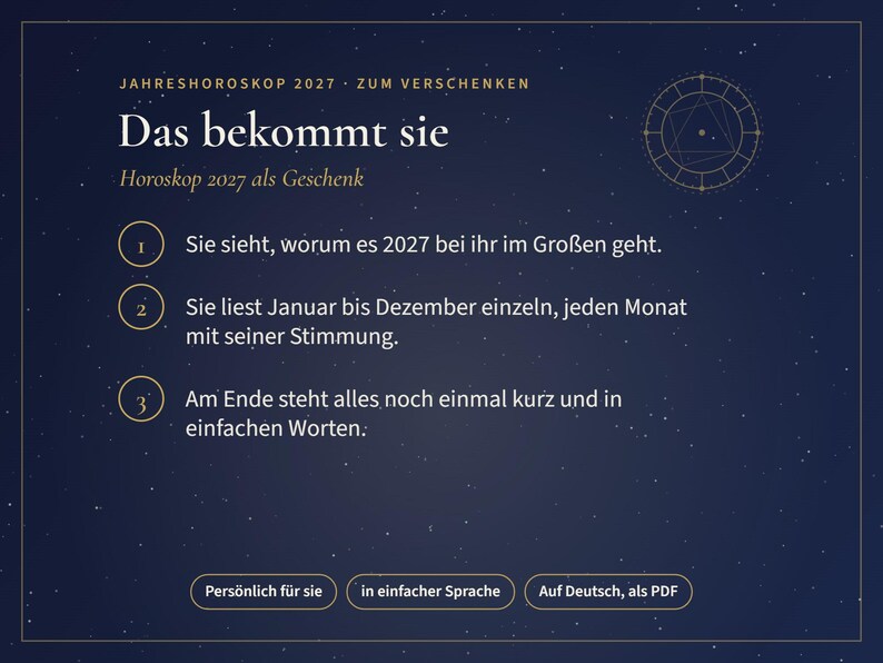May include: A dark blue digital document titled Jahreshoroskop 2027 Zum Verschenken with a gold zodiac wheel icon. It lists three numbered points in German about a 2027 horoscope gift, including monthly forecasts and a summary, with buttons at the bottom.