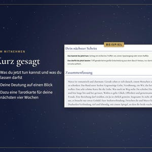May include: A dark blue graphic with white text featuring a summary of a tarot reading. The text includes sections titled Zum Mitnehmen, Kurz gesagt, and a white box labeled Beispiel with the heading Dein n&auml;chster Schritt and Zusammenfassung.