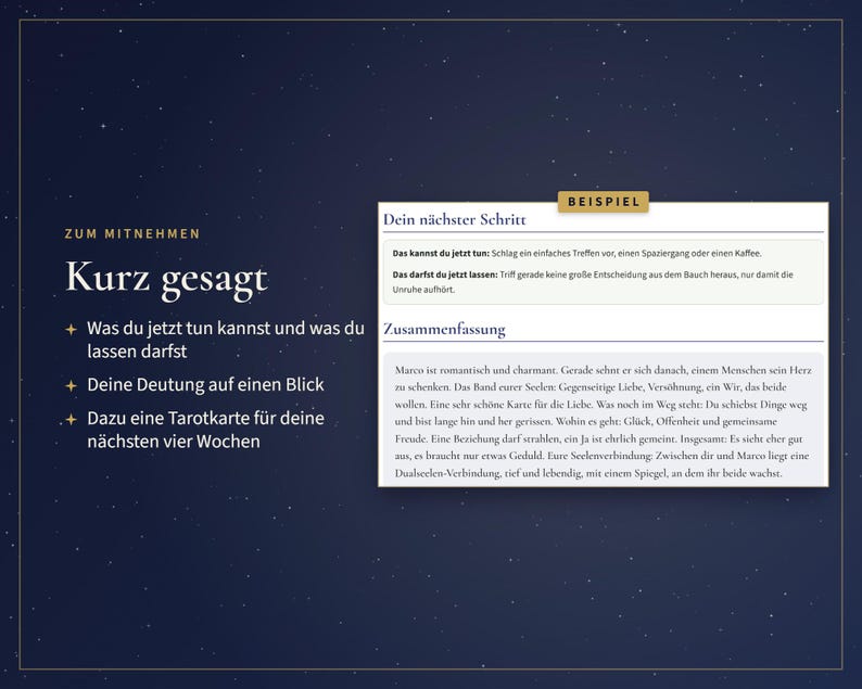 May include: A dark blue graphic with white text featuring a summary of a tarot reading. The text includes sections titled Zum Mitnehmen, Kurz gesagt, and a white box labeled Beispiel with the heading Dein n&auml;chster Schritt and Zusammenfassung.