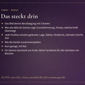 May include: A dark purple digital graphic with white text titled Tarot Beruf. It lists six bullet points detailing a five-card career reading, including individual card interpretations, overall themes, and a final tarot card gift, delivered as a PDF.