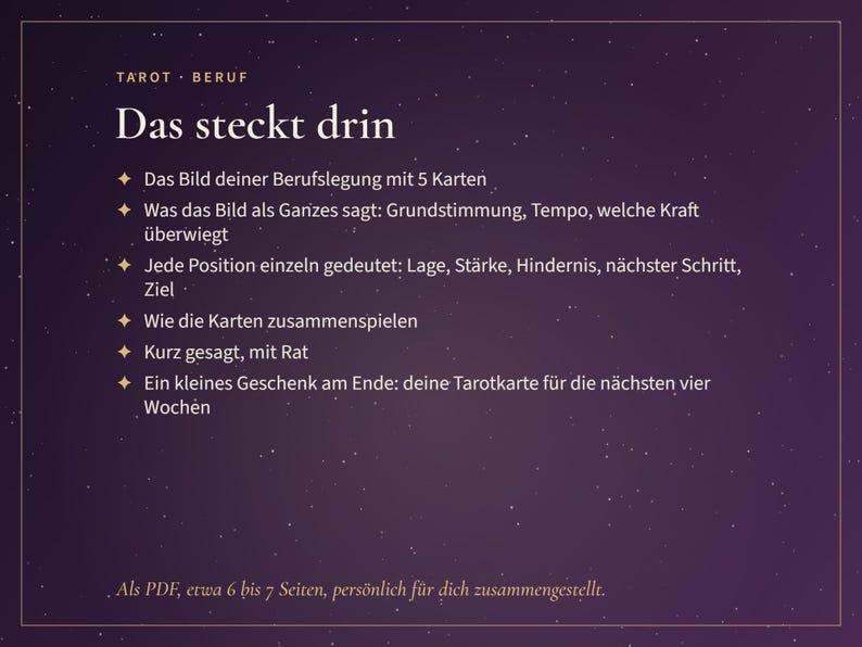 May include: A dark purple digital graphic with white text titled Tarot Beruf. It lists six bullet points detailing a five-card career reading, including individual card interpretations, overall themes, and a final tarot card gift, delivered as a PDF.