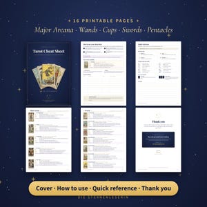 May include: A 16-page printable tarot cheat sheet set featuring a cover, instructions, quick reference guides, and card meanings for Major Arcana, Wands, Cups, Swords, and Pentacles. The pages include text, tarot card illustrations, and tables.