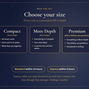 May include: A dark blue informational graphic titled Choose your size, outlining three digital PDF options: Compact with 6 pages, More Depth with 8 pages, and Premium with 2 follow-up questions. Includes delivery time options of 24 hours or 8 hours.