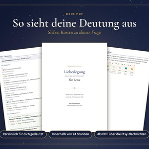 K&ouml;nnte beinhalten: Ein digitales Dokument mit dem Titel Liebeslegung f&uuml;r Lena, dargestellt als wei&szlig;e PDF-Seite mit schwarzem Text, das eine detaillierte Deutung von sieben Karten enth&auml;lt. Das Dokument umfasst Abschnitte zu Kartenpositionen und Bedeutungen.