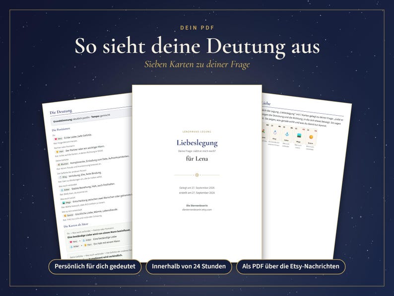 K&ouml;nnte beinhalten: Ein digitales Dokument mit dem Titel Liebeslegung f&uuml;r Lena, dargestellt als wei&szlig;e PDF-Seite mit schwarzem Text, das eine detaillierte Deutung von sieben Karten enth&auml;lt. Das Dokument umfasst Abschnitte zu Kartenpositionen und Bedeutungen.