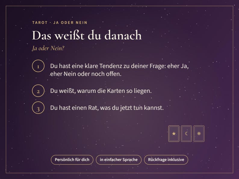 Ja eller nej? Tarotläsning på tyska, tydligt svar på din fråga med 3 kort, tendens, förklaring och råd, personlig PDF på 24 timmar bild 4