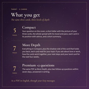 May include: A dark purple informational graphic titled Tarot 3 Cards: What you get. It outlines three service tiers: Compact (5 pages), More Depth (7 pages), and Premium +2 questions (7 pages), detailing the contents of each PDF delivered via Etsy.