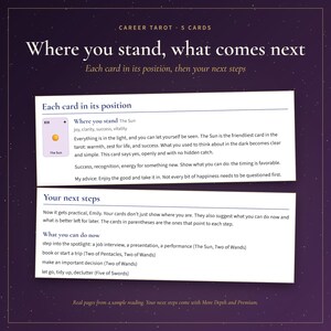 May include: A career tarot reading guide featuring five cards, titled Where you stand, what comes next. The text includes sections for Each card in its position, detailing The Sun card, and Your next steps, listing practical actions like job interviews.