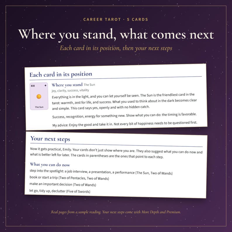 May include: A career tarot reading guide featuring five cards, titled Where you stand, what comes next. The text includes sections for Each card in its position, detailing The Sun card, and Your next steps, listing practical actions like job interviews.