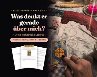 May include: A tarot reading service advertisement featuring the German text 'Was denkt er gerade über mich?' and 'Deine individuelle Legung'. The image displays a hand pointing to a Wheel of Fortune tarot card on a table with other cards and a candle.