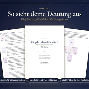 May include: A digital PDF document featuring a tarot reading titled "Wie geht es beruflich weiter? f&uuml;r Lena" with detailed interpretations for five cards, presented on white pages against a dark blue starry background with text overlays.