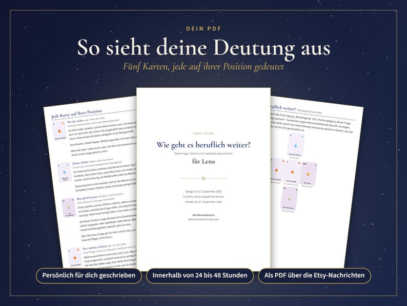 May include: A digital PDF document featuring a tarot reading titled "Wie geht es beruflich weiter? f&uuml;r Lena" with detailed interpretations for five cards, presented on white pages against a dark blue starry background with text overlays.