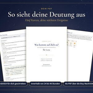 May include: A digital PDF document titled 'Was kommt auf dich zu?' featuring a personalized reading for Lena. The document includes sections labeled 'Die Deutung' and 'Die Karten die Idee' with text in German, presented against a dark blue starry background.