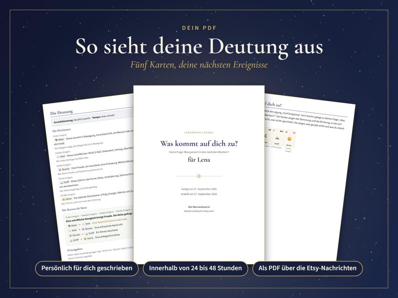 May include: A digital PDF document titled 'Was kommt auf dich zu?' featuring a personalized reading for Lena. The document includes sections labeled 'Die Deutung' and 'Die Karten die Idee' with text in German, presented against a dark blue starry background.