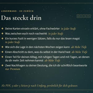 Op de afbeelding: Een donkergroenblauwe informatieve afbeelding met gouden tekst getiteld Lenormand Ex Zur&uuml;ck Das steckt drin. Het bevat zeven opsommingstekens over kaartleesdiensten, inclusief uitleg, toekomstverwachtingen en dagelijks advies, eindigend met PDF-details.