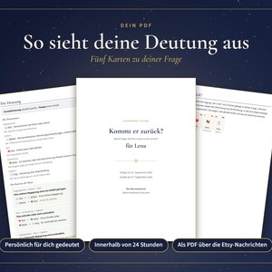 Op de afbeelding: Een digitaal PDF-document getiteld 'Kommt er zur&uuml;ck?' voor Lena, met een analyse van een tarotkaartlegging. Het document bevat tekstsecties met details over kaartposities, interpretaties en specifieke vragen, tegen een donkerblauwe sterrenachtergrond.