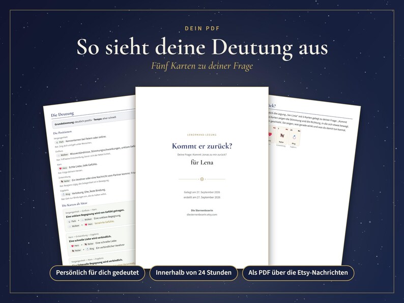 Op de afbeelding: Een digitaal PDF-document getiteld 'Kommt er zur&uuml;ck?' voor Lena, met een analyse van een tarotkaartlegging. Het document bevat tekstsecties met details over kaartposities, interpretaties en specifieke vragen, tegen een donkerblauwe sterrenachtergrond.