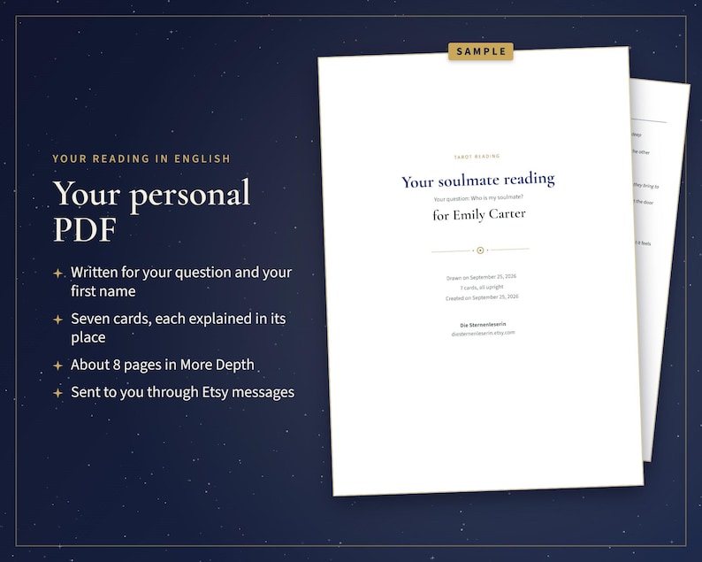 May include: A digital document titled Your personal PDF with text detailing a tarot reading service. The page includes the heading Your soulmate reading for Emily Carter, with dates and details about a seven-card spread, all on a dark blue background.