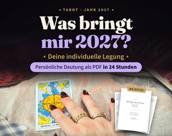 May include: A digital graphic for a tarot reading service titled Tarot Jahr 2027, Was bringt mir 2027?, and Deine individuelle Legung. The image displays a Wheel of Fortune tarot card, a hand with gold rings, and a sample PDF document labeled Beispiel.