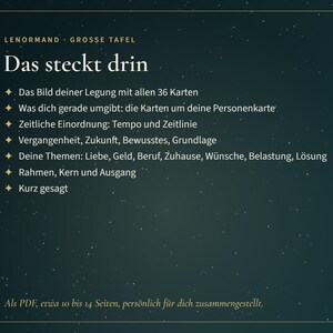 Puede incluir: Un gr&aacute;fico informativo de color verde azulado oscuro con texto blanco titulado Lenormand Grosse Tafel Das steckt drin. Enumera seis puntos sobre el an&aacute;lisis de lectura de cartas, incluyendo tiempos, temas como amor y dinero, y resultados.