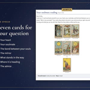 May include: A digital soulmate reading document featuring a seven-card tarot spread. The text includes 'Your soulmate reading', 'Topic: love', and a list of seven positions: 'Your heart', 'Your soulmate', 'The bond between your souls', 'The mirror', 'What stands in the way', 'Where it is heading', and 'The advice'.