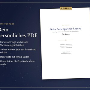 May include: A white document titled 'Deine Seelenpartner-Legung' for Lena, featuring text in German. The document includes a 'BEISPIEL' tag and lists details about a seven-card tarot reading, including the date and a website address.