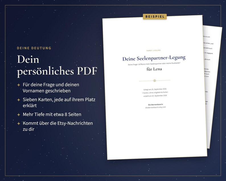 May include: A white document titled 'Deine Seelenpartner-Legung' for Lena, featuring text in German. The document includes a 'BEISPIEL' tag and lists details about a seven-card tarot reading, including the date and a website address.